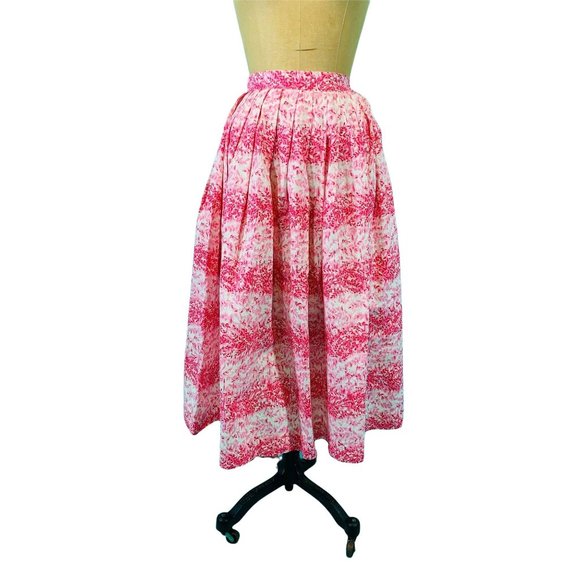 Vintage 50s Pink Skirt Womens XXS Cotton Full Skirt Floral Leaf Print Striped - Picture 2 of 9